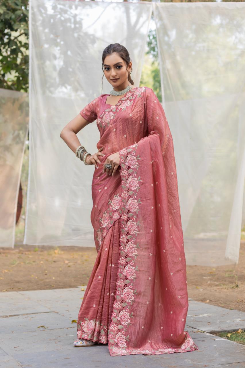 Women's Pristine White Organza Saree with Exquisite Pink & Green Floral Thread Embroidery – Complete with Matching Embroidered Blouse for Festive & Summer Wear